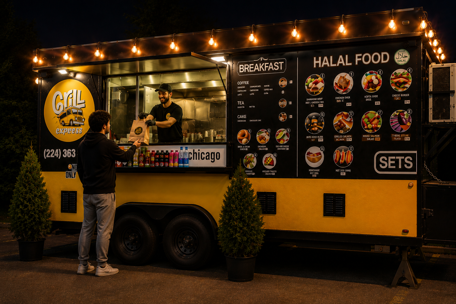 Customer ordering from Grill Express food truck